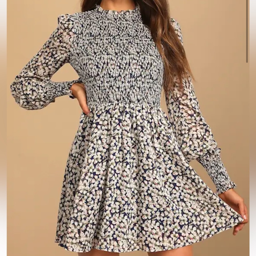 Lulus Floral Forever Navy Blue Floral Print Smocked Skater Dress - Size M